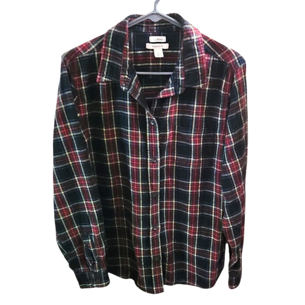 LL Bean Flannel Shirt Red Black Green Plaid Relaxed Fit Womens Size L Gorpcore